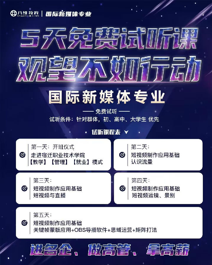 江蘇宿遷八維學校國際新媒體專業五天免費試聽課程開班啦